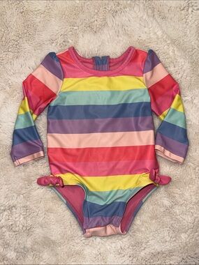 GAP Girls Multicolor Striped Long Sleeve Swimsuit - Pink, Yellow, Blue
